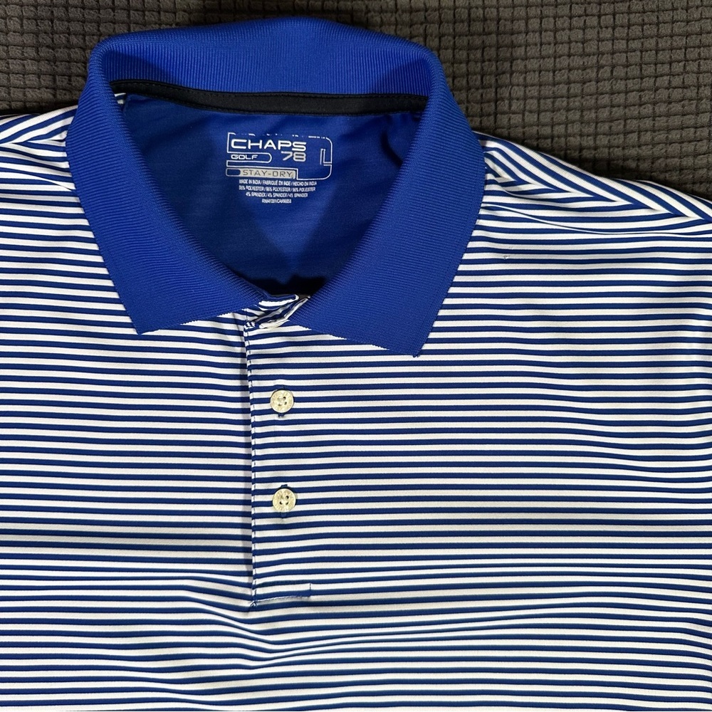 Chaps Golf 78 Blue White Striped Polo Shirt Men’s Size Large Stay-Dry Stretch - Picture 2 of 5